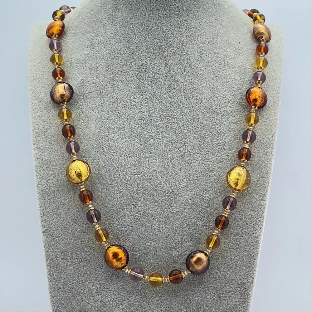 Stunning Hilary London Murano Glass Necklace & Bracelets Set, Fall Colors, 28”